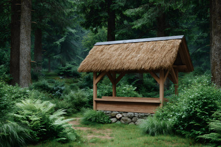 Wooden gazebo with a thatched roof standing on a stone base in a vibrant green forestの素材