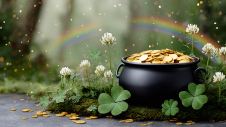 Pot of gold coins resting on moss and clovers with a rainbow and magical light in a forestの素材