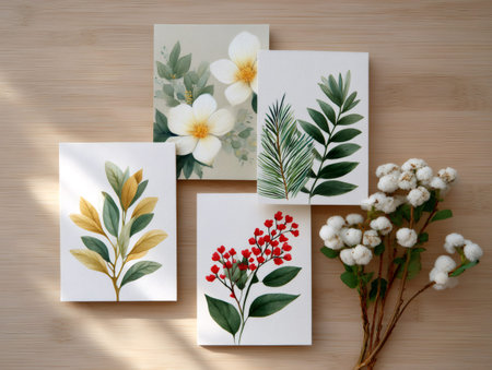 Watercolor botanical art greeting cards featuring floral and leaf designsの素材