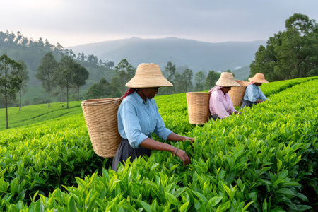 Women harvesting tea leaves by hand in a lush green plantation fieldの素材