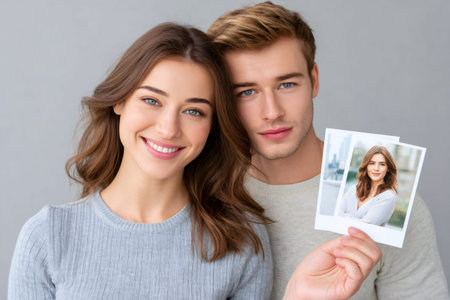 Happy couple posing holding a printed photo of the woman, sharing memories and connectionの素材