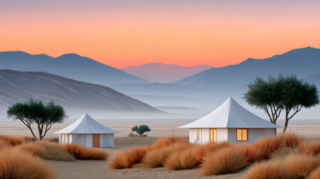 Luxury tents standing in a tranquil desert landscape with mountains at sunsetの素材