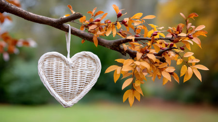 Woven heart decoration hanging from a tree branch with vibrant autumn leavesの素材
