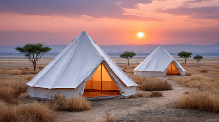Luxury safari tents standing on dry grass during a golden sunsetの素材