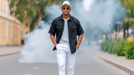 Stylish man walking on street with hands in pockets, surrounded by smokeの素材