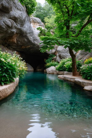Clear blue water flowing from a cave, surrounded by lush green foliage and rocksの素材