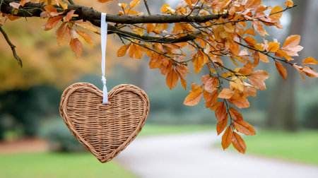 Wicker heart hanging from a tree branch in autumn with colorful leavesの素材