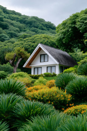 White modern house nestled in a vibrant garden on a green hillside with forest in backgroundの素材
