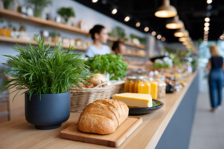 Bakery counter with fresh produce, bread, and cheese in a healthy food storeの素材