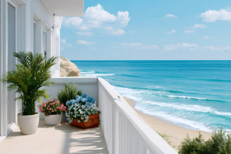 Balcony terrace offering a serene ocean view with sandy beach, blue water, and green plantsの素材