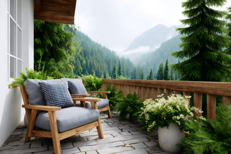 Balcony with wooden chairs and plants offering a scenic view of misty mountains and pine forestの素材
