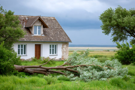 Fallen tree blocking path to a house with stormy sky in a rural landscapeの素材