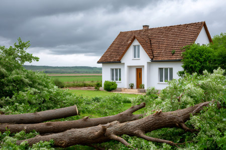 Rural house standing with fallen trees surrounding, showing storm damage aftermathの素材