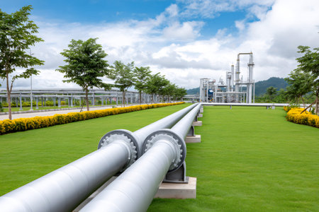 Gas pipeline transporting energy in a modern factory environment with lush greeneryの素材