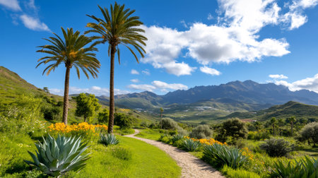 Palm trees and agave plants bordering a winding trail through a green valley with mountainsの素材