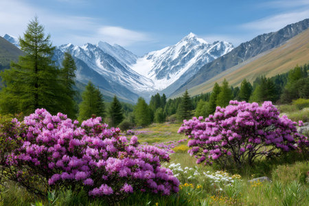 Pink rhododendron flowers blooming in a lush green valley with snow-capped mountainsの素材