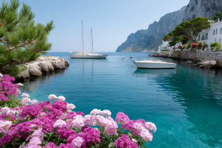 Idyllic Mediterranean landscape showing boats on turquoise water with coastal flowers and cliffsの素材