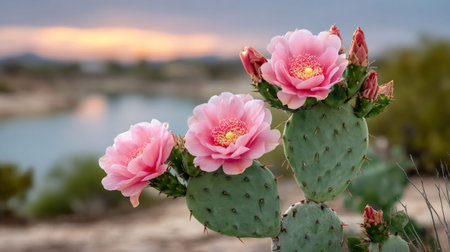 Pink prickly pear cactus flowers blooming against a soft desert lake and sunset skyの素材