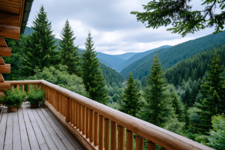 Wooden cabin balcony overlooking a dense evergreen forest with mountains and valleyの素材