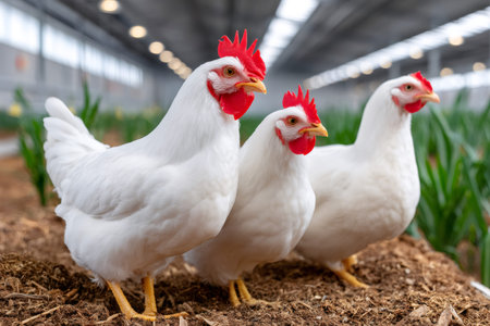 Three white chickens standing on soil inside a large modern poultry farm buildingの素材