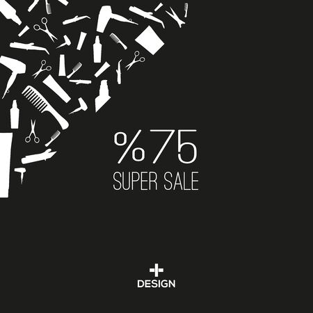 Hair dryer, comb, hair straightening machine, Cream, Hair Care Oil, scissors. Design of 75% advertising poster on black, white background for beauty store, blog, Magazine and promotion.のイラスト素材