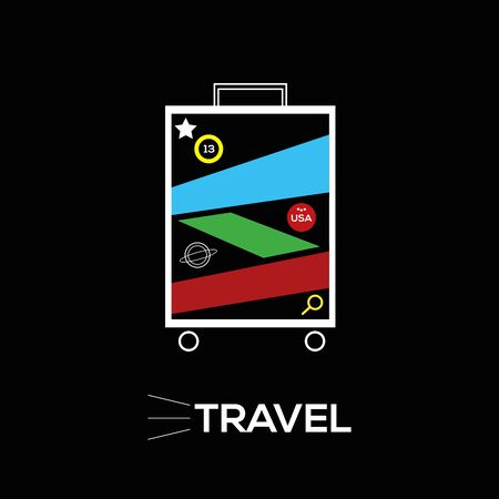 Illustration of a suitcase with white lines on a black background. Vector illustration with many colors and labels on the suitcase.のイラスト素材