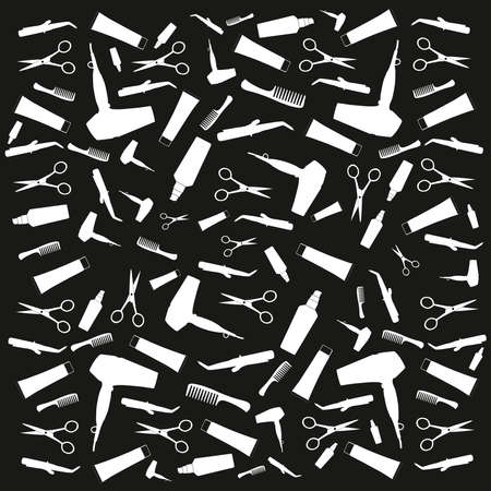 Hair dryer, comb, hair straightening machine, Cream, Hair Care Oil, scissors. Hair care supplies on black and white background. Advertising poster design for beauty store, blog, Magazine, offers anのイラスト素材