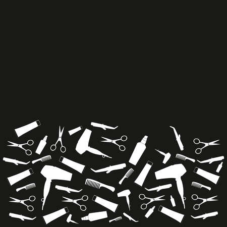 Hair dryer, comb, hair straightening machine, Cream, Hair Care Oil, scissors. Hair care supplies on black and white background. Advertising poster design for beauty store, blog, Magazine, offers anのイラスト素材