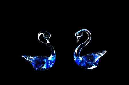 a pair of glass beautiful swans on a black backgroundの写真素材