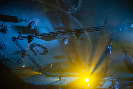 stage lighting effect in the dark with rays of light and smoke.の写真素材