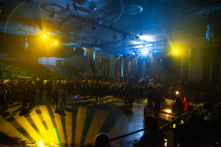 Concert crowd in front of a stage during a live concert.の写真素材