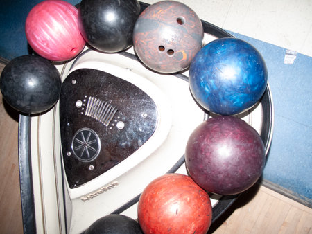 Bowling equipment in a bowling club. Bowling ball and pin.の写真素材