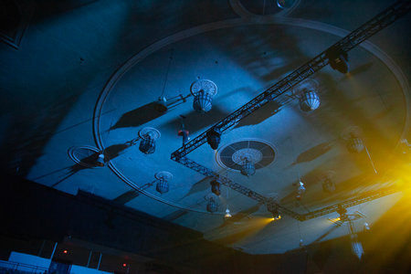 Stage lights in the dark, close-up. Illuminated spotlights.の写真素材