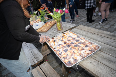 Unidentified people at street food market in Barcelona, Spainの写真素材