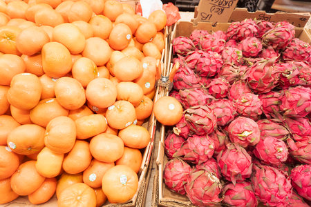 Dragon fruit on a market stall in Provence, France.の写真素材