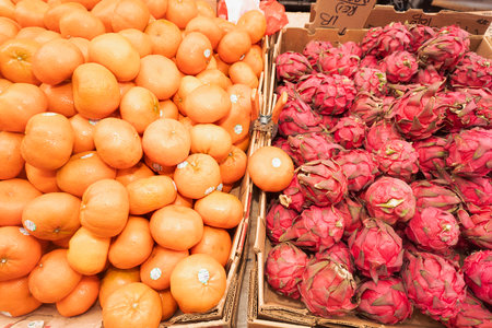 Dragon fruit on the market in Barcelona, Catalonia, Spain. Fruit backgroundの写真素材