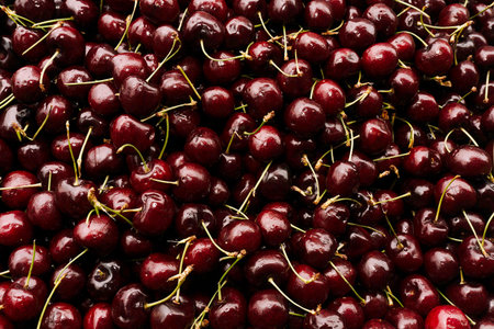 Cherries background. Top view. Close up. Copy space.の写真素材