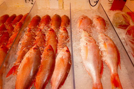 Fresh fish on ice in a supermarket, closeup of photo.