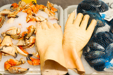Seafood on ice in the supermarket. Close-up.の写真素材
