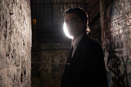 Portrait of a young man in a dark suit in an abandoned building