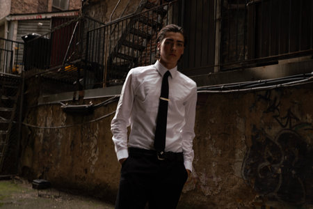 Portrait of a young businessman in a white shirt and black tie.の写真素材