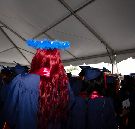 Rear view of a diverse group of students wearing graduation gowns and hats.の写真素材