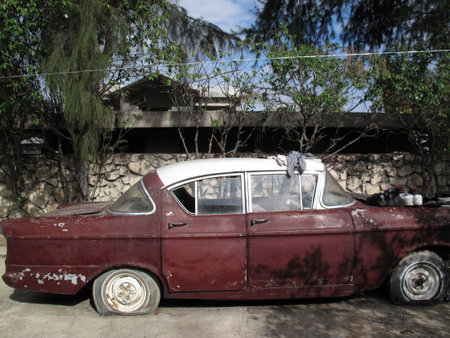 Old car in the old town of Yogyakarta, Java, Indonesiaの写真素材