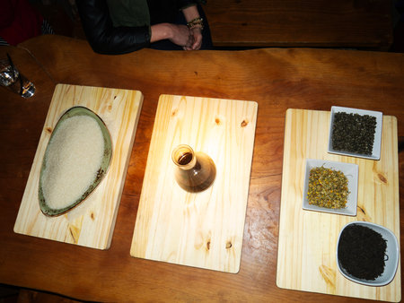 Dry tea leaves on a wooden table in a pub, stock photoの写真素材
