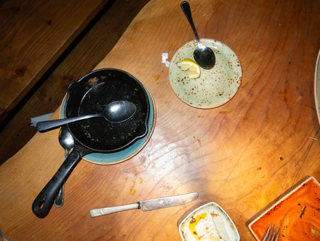 Old kitchen utensils on a wooden table. Top view.の写真素材