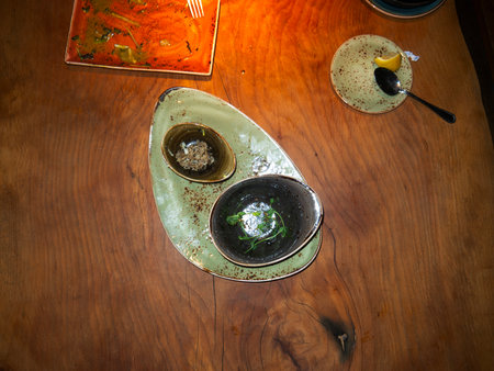 Top view of two plates with black and white sauce on wooden tableの写真素材