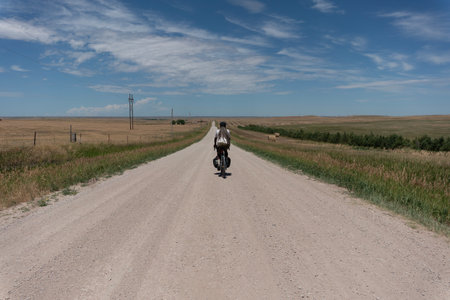 A person riding a bicycle on a dirt road in the steppeの写真素材