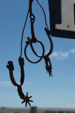 Horseshoe attached to a trailer, with blue sky in the backgroundの写真素材