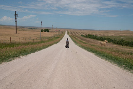 Rural dirt road in the middle of a wheat field with a riderの写真素材