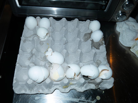 Boiled eggs in the kitchen of the restaurant, closeup of photoの写真素材